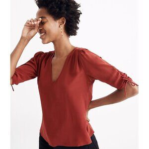 Madewell Silk Cinch-Sleeve Top in Rusted Red, Size XS